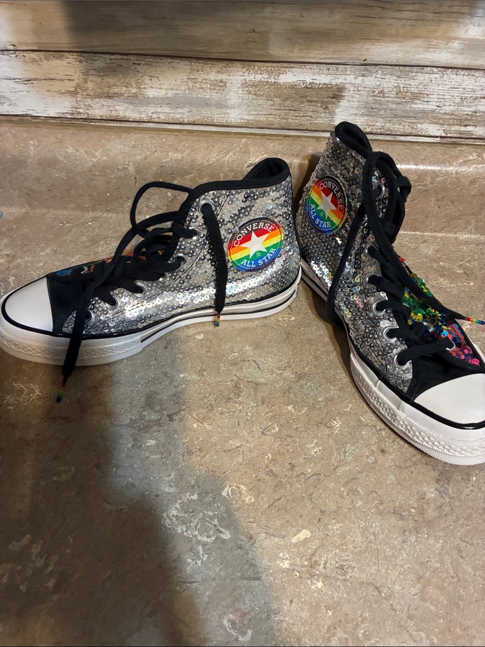 Converse High Top Size 6.5 Pride Sequin Sneakers in Multicolor and Silver - Picture 3 of 11